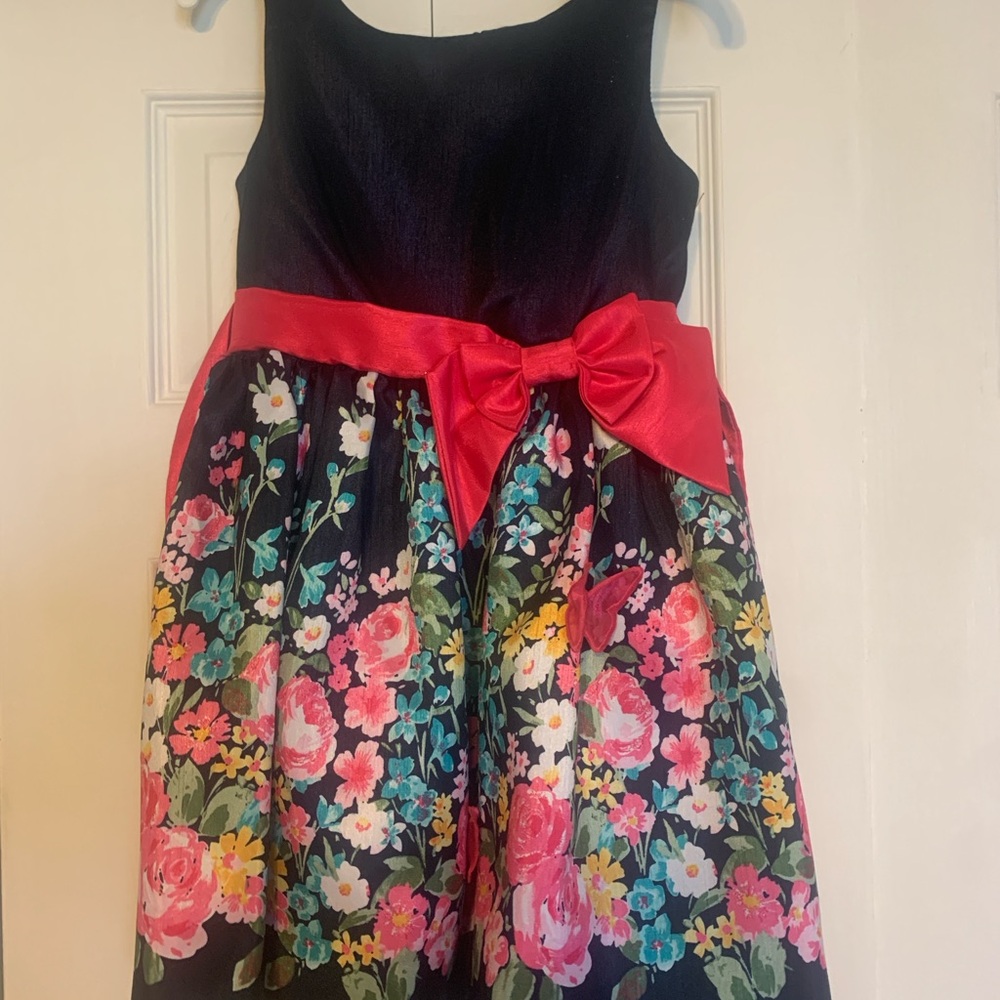 Floral Kids Dress with Red Bow
